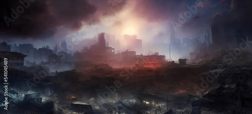 Apocalyptic Landscape. Photo Realistic, Concept Art, Cinematic Light, Background, Wallpaper, Illustration. Destroyed Cities After Bombing Raid, Ruins, Destroyed Building, Dust And Burnt Villages. #541045489