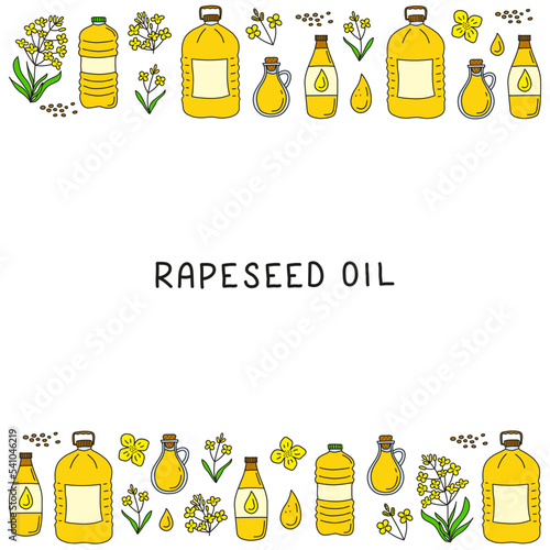Poster with doodle canola oil, flowers.