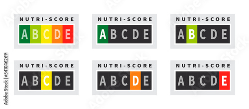 Nutri-score badges. Health care nutrition indicator. Nutri-score stickers. Vector illustration