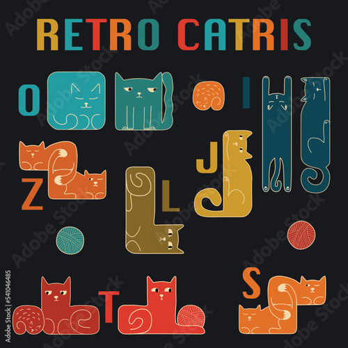 Cat shaped as tetris assets, tetris video game vector shapes, tetris essential shapes and extras,  gamedev assets, catris 
