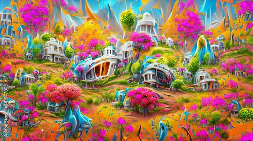 irreal alien landscape in bright colors  illustration  digital art