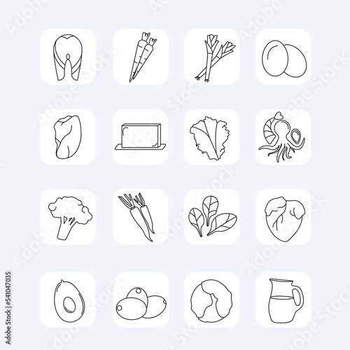 Set of vector icons of healthy, organic food. Healthy lifestyle. 16 icons. 3D icons