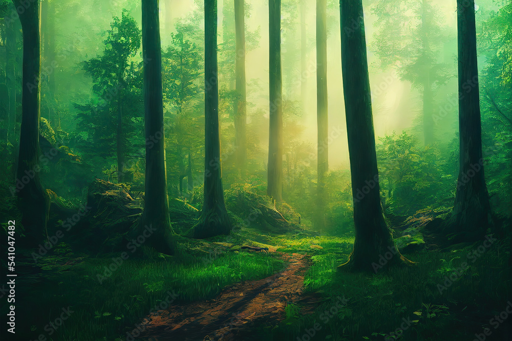 Fototapeta premium morning in the forest path in ghilbli style