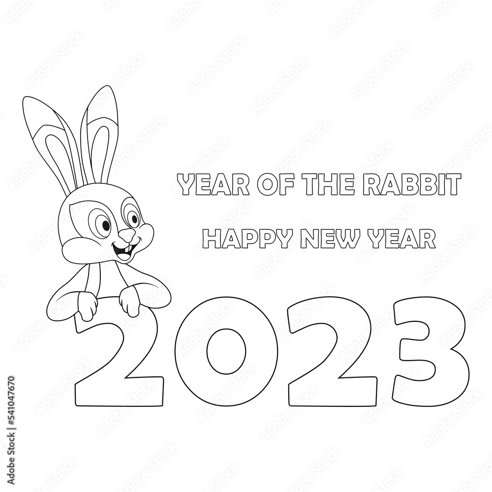 Fototapeta premium Colorless 2023 text with cartoon Rabbit. Black and white template page for coloring book with Bunny as symbol of 2023 Chinese New Year. Black contour silhouette Hare. Worksheet, Greeting card for kids