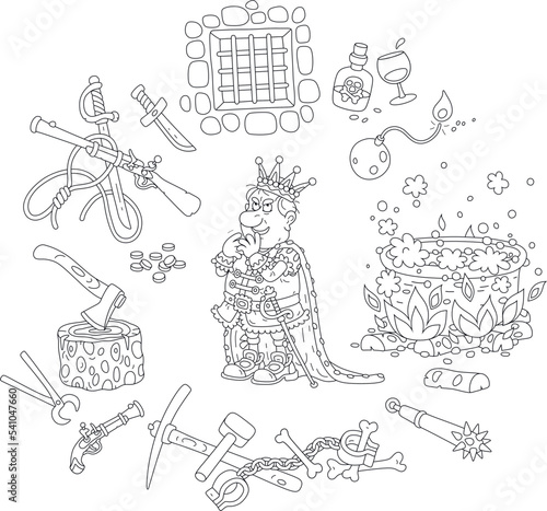 Angry king thinking about methods and means of struggle against his insidious and ruthless competitors in a fairy kingdom, black and white vector cartoon for a coloring book page