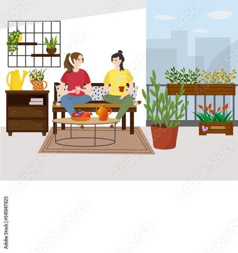Two girls are sitting on the balcony with cups in their hands. Meeting and talking with friends. Terrace home garden with furniture and flowers, seedling boxes. Vector illustration. For use in
