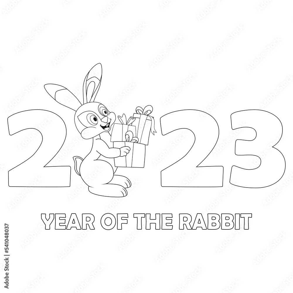 Fototapeta premium Colorless cartoon Rabbit carries a lot of boxes. Black and white template for coloring book with Bunny as symbol of 2023 New Year. Black contour silhouette Hare. Worksheet or Greeting card for kids.