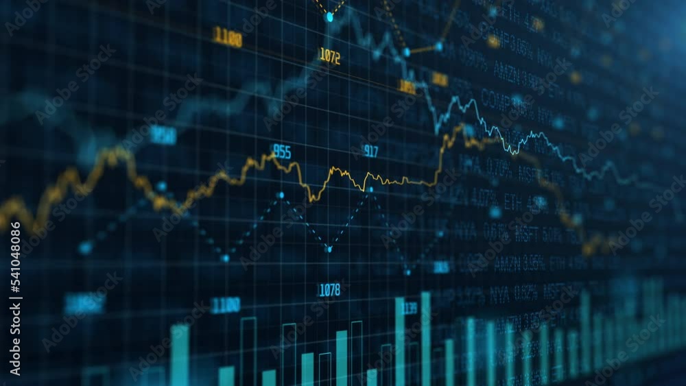 Stock market and information of exchange with data of price on market wall. Change and volume. Financial indexes change up and down over time. Concept of trading cryptocurrency assets and bitcoin