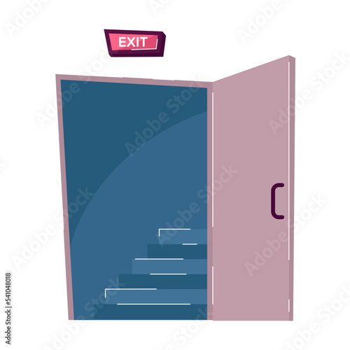 Opened exit door. Flat vector illustration. Worker escaping from office because of emergency situation or evacuation. Safety, fire escape, evacuation