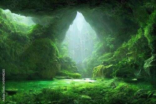 rays of light inside a jungle cave from above 