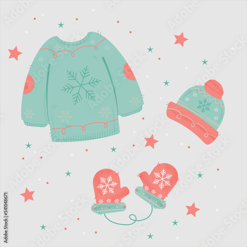 illustration of winter clothes collection. Knitted hat, hand gloves, sweater in Christmas style isolated on background in cartoon flat style.Traditional Accessories with Ornament