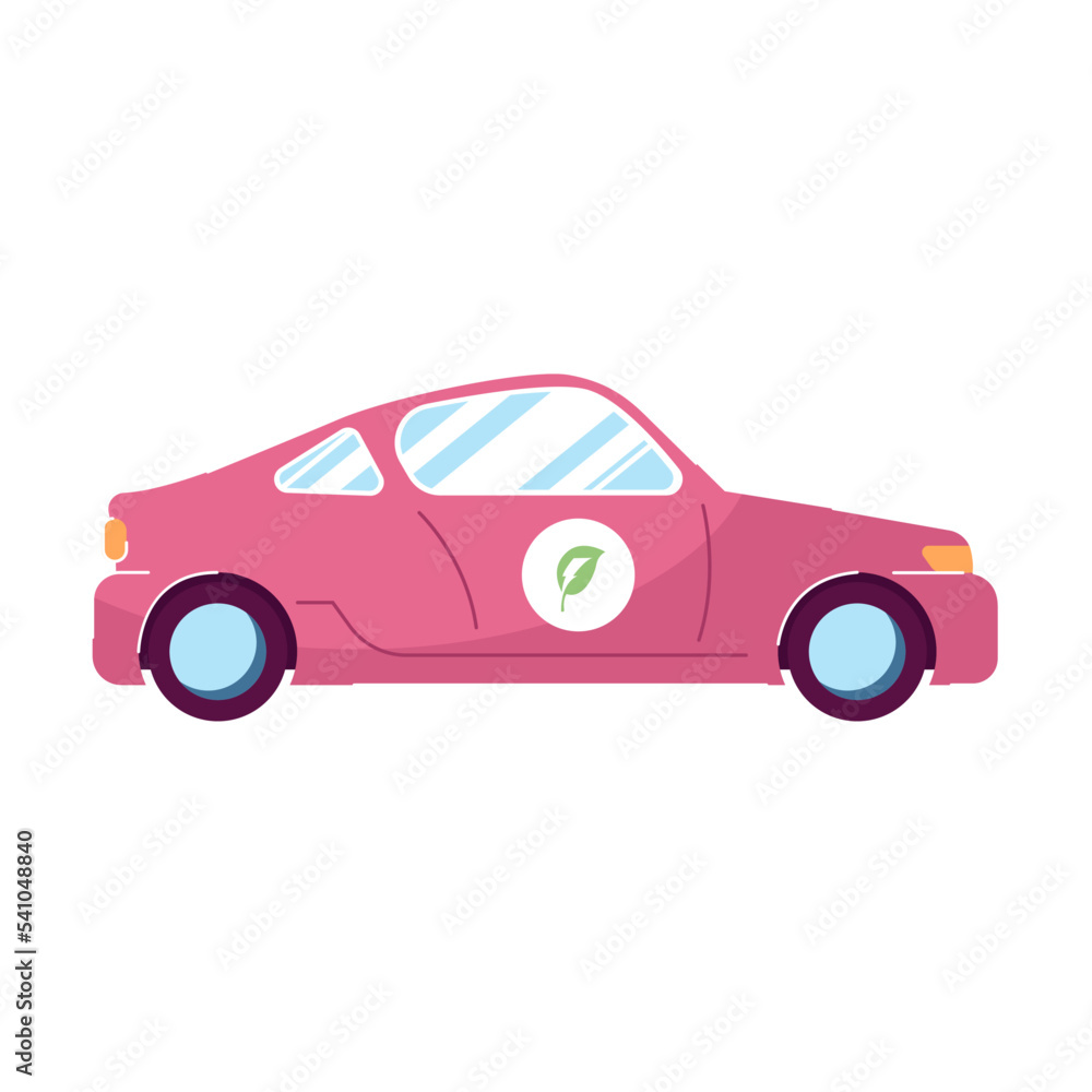 Eco friendly car in village flat vector illustration. Sustainable energy, smart technology concept for banner, website design