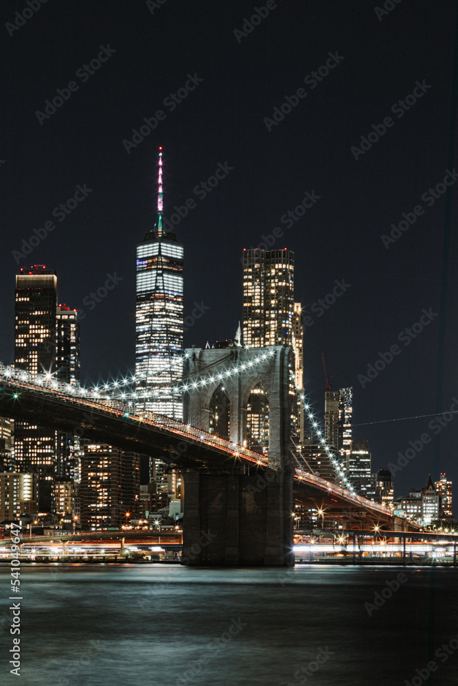 New York brooklyn bridge on front of the One Word Trade center at night
