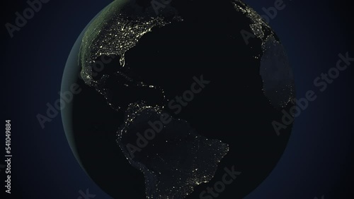 Seamless looping animation of the earth at night zooming in to the 3d map of Puerto Rico with the capital and the biggest cites in 4K resolution