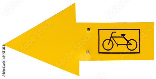 Yellow arrow showing direction to bicycle path. Isolated.