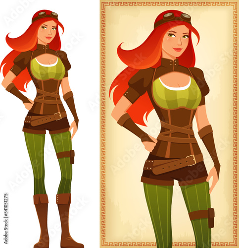 Beautiful redhead girl in leather steampunk costume. Attractive young woman in elaborate steampunk fashion. Fantasy cartoon character. 