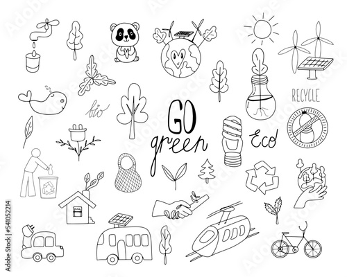 set of doodle vector eco sustainability doodle icons