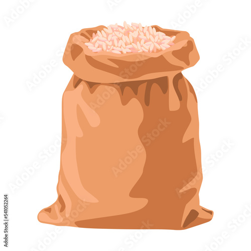 Textile sack full of rice vector illustration. White raw rice grain packaging in big brown bag. Food storage, packaging, flour producing concept for banner design or landing page
