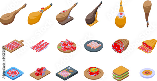 Jamon icons set isometric vector. Food ham. Pig hoof