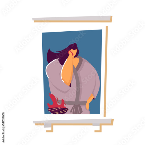 Woman talking on phone in apartment window. People talking on cell at home. Vector illustration for neighbors, neighborhood