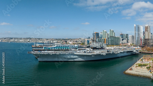 Mighty USS Midway - an aircraft carrier of the United States Navy, the lead ship of its class. Commissioned a week after the end of World War II it is now a museum ship © Aerial Film Studio