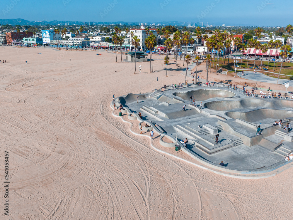 Aerial view of the skatepark of the Venice Beach in LA, California. This skatepark, with pool, ramps, stair set and flow bowls