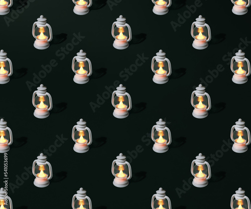 Smal plastic lantern on a dark green background. Pattern.