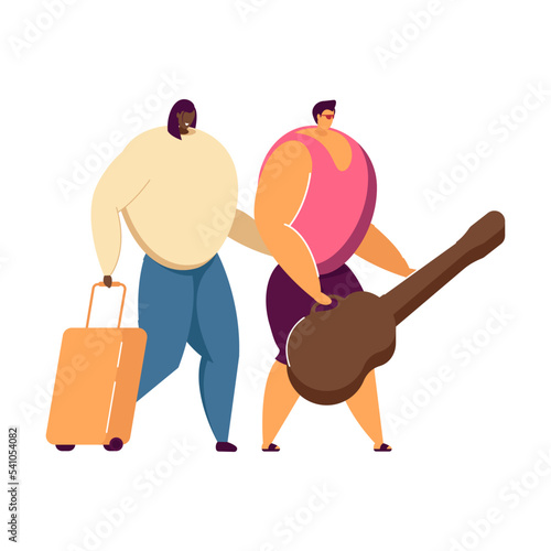 Tourist group in airport with baggage and guitar flat vector illustration. Happy travelers walking to music tour. Travel and journey concept