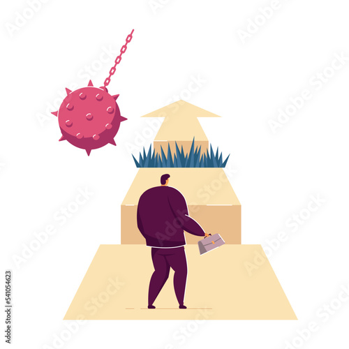 Difficult path of businessman to success, full of obstacles. Flat vector illustration. Brave guy going on career track, making efforts, overcoming adversity. Business, ambition, competition concept