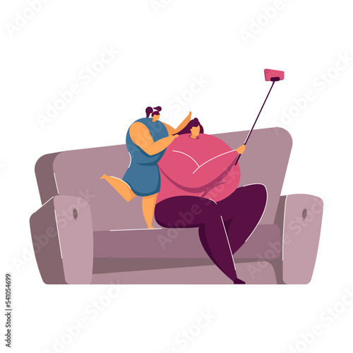 Mother and daughter taking selfie. Happy parent and child sitting on couch taking selfie on phone, pictures on walls, window with curtains, plant. Family, taking photos, having fun together concept