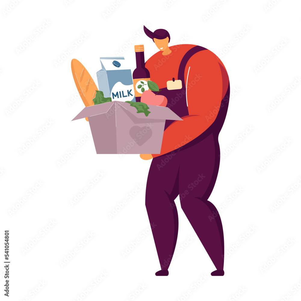 Volunteers delivering groceries. Tiny charity people sharing food help boxes flat vector illustration. Humanitarian aid, social responsibility concept for banner, website design or landing web page