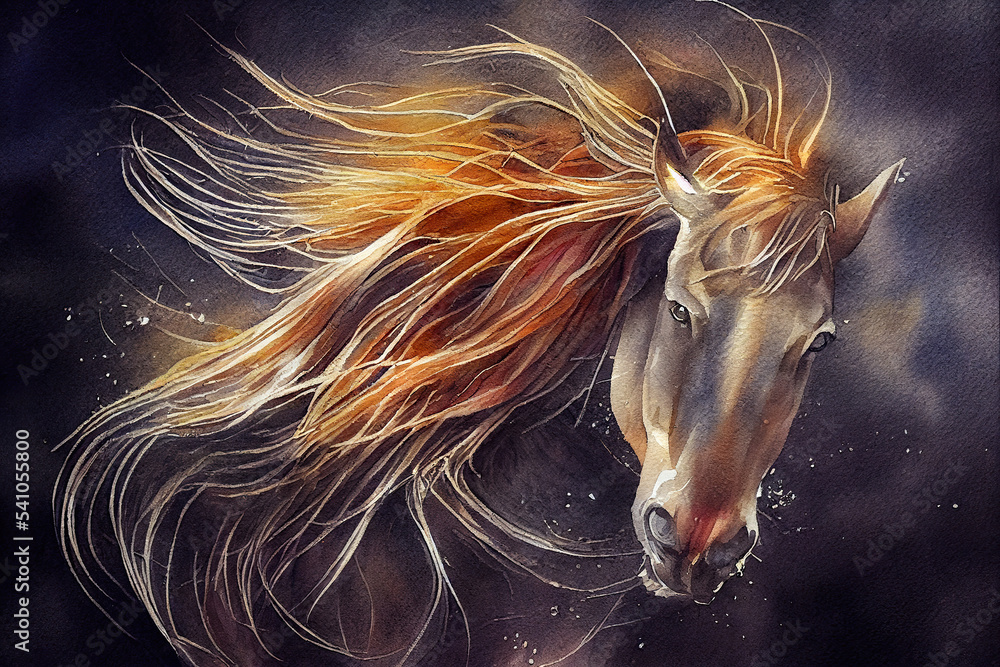 Stunning portrait of the gorgeous horse with flowing mane. Generated by Ai, is not based on any original image, character or person