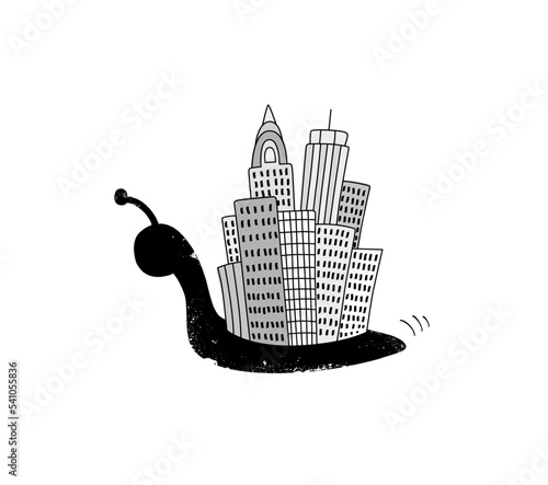 Snail carrying a big city instead of its characteristic shell. Conceptual black and white inked strokes hand drawn sketch style vector illustration isolated on white background.