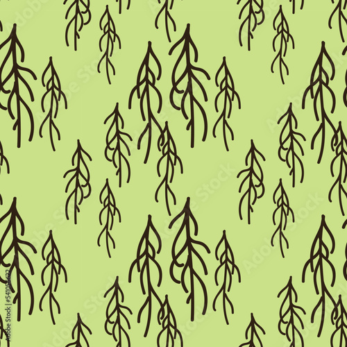 Forest landscape with trees on a green background. Seamless pattern with woodland. Tree branches without leaves. Illustration in the style of contour cartoon graphics.