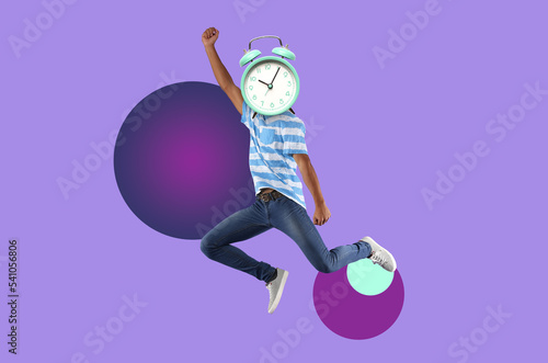 Jumping African-American teenager with alarm clock instead of his head on purple background photo