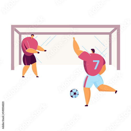 Cartoon football player kicking penalty flat vector illustration. Intense football match, decisive goal, opposing teams fiercely fighting for win on stadium. Football, soccer, playing, sport concept
