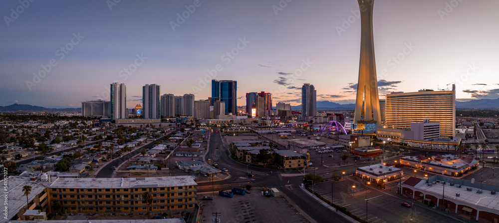 Panoramic aerial view of the Las Vegas Strip. Stretch of South Las Vegas Boulevard in Nevada that is known for its concentration of hotels and casinos.