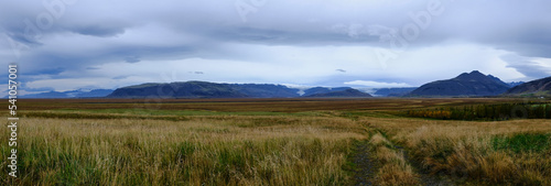 Panoramic image of a meadow located in the southeast of Iceland. In the background of the image you can see the ice tongues of the Vatnajökull glacier
