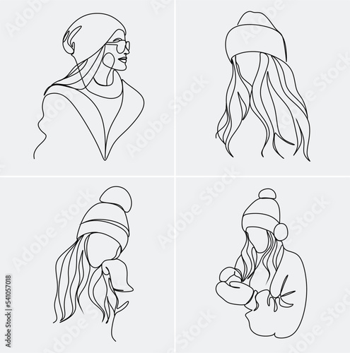 Girl in winter hat - continuous line drawing
