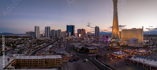 Panoramic aerial view of the Las Vegas Strip. Stretch of South Las Vegas Boulevard in Nevada that is known for its concentration of hotels and casinos.
