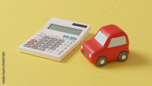 平面上に置いてある粘土でできたミニチュアの自動車と電卓のCGによるフォトリアルな3Dイラストレーション