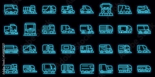 Sweeper icons set outline vector. Street truck. Machine broom neon color on black