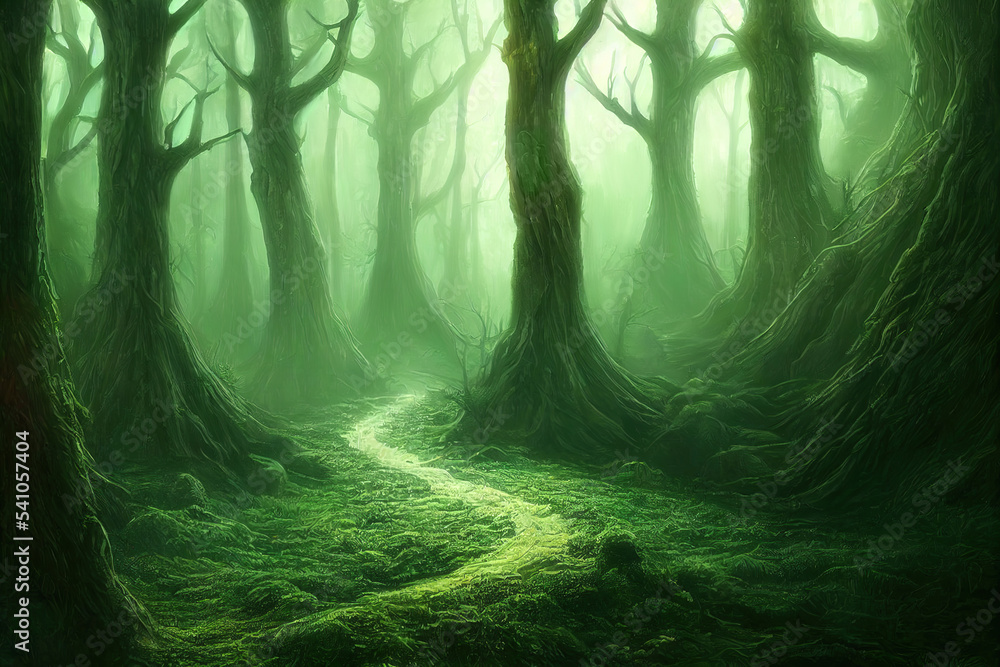 Mysterious path in spooky fairy tale forest, bare trees, ground covered with green moss. Generative AI illustration - obrazy, fototapety, plakaty 