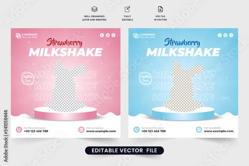 Strawberry milkshake social media post vector with pink and blue backgrounds. Cafe and juice bar promotion template design for marketing. Beverage advertisement poster vector with podiums.