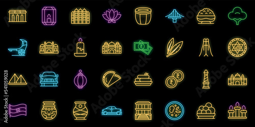 Kolkata icons set outline vector. India city. Memorial bridge neon color on black photo
