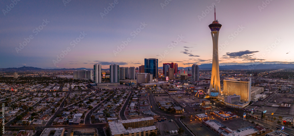 Panoramic aerial view of the Las Vegas Strip. Stretch of South Las Vegas Boulevard in Nevada that is known for its concentration of hotels and casinos.