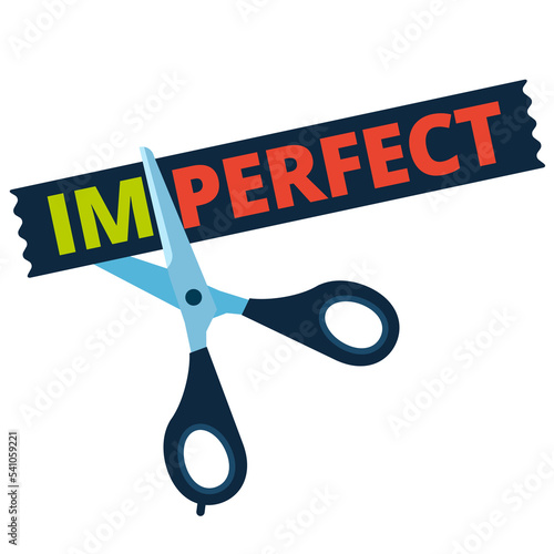 Scissors cutting word IMPERFECT on the sticker letters off to get PERFECT. Flat vector illustration