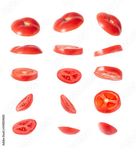 Tomato slices at different angles on a white background