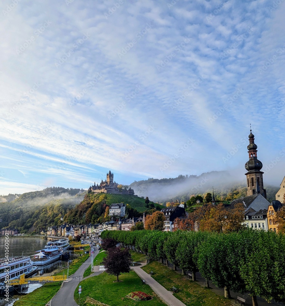 Cochem landscape with fog and cloudy sky