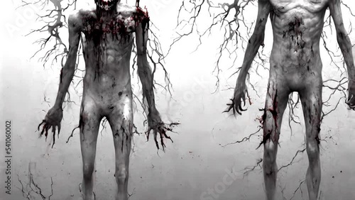 Generative AI animation of surreal painting of a deformed bloody zombies drawing. Digital image painted manipulation Halloween videoloop impressionism style. photo